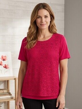 Classic Edition Hot Pink Top with Geometric Lace Overlay & Layered Look, Boho, L